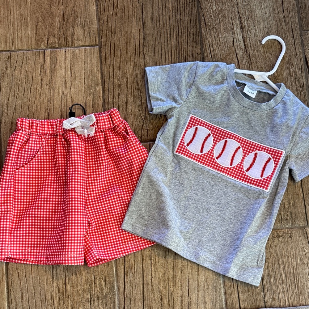 Gray Baseball Tee and Red Gingham Shorts Set
